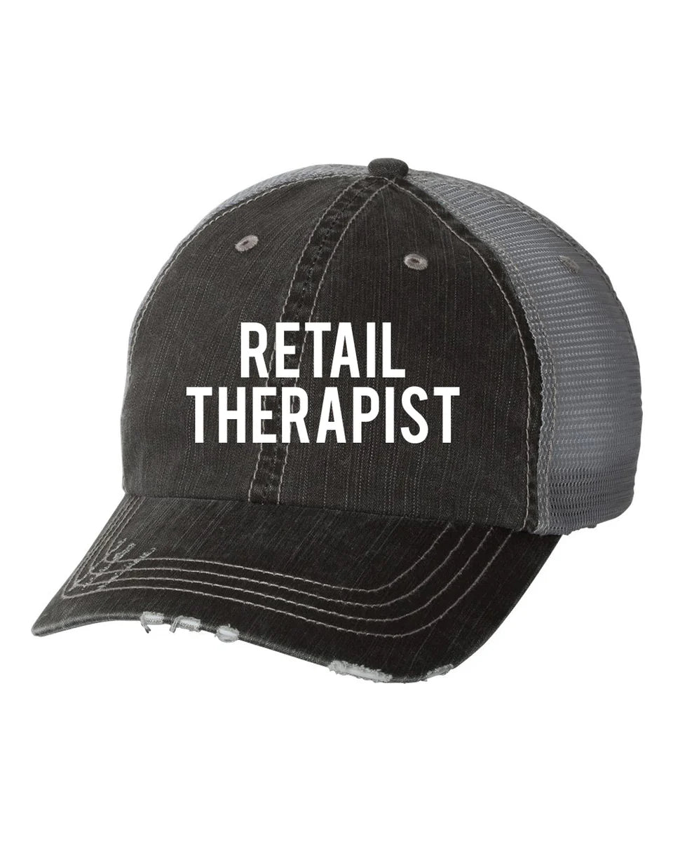 Retail Therapist Distressed Trucker Hat