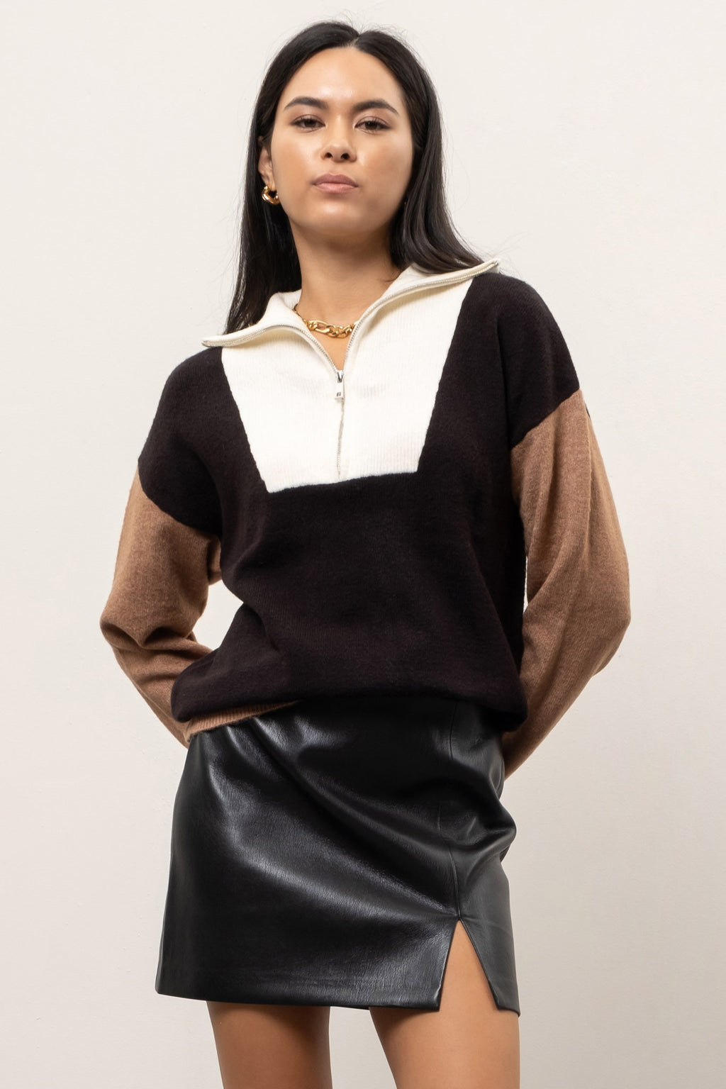 Black & Tan Collared Half-Zip Sweater