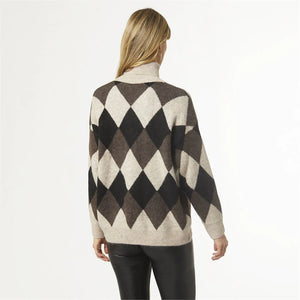 Coco + Carmen Emilia Diamond Turtleneck Sweater - Taupe/Brown/Black