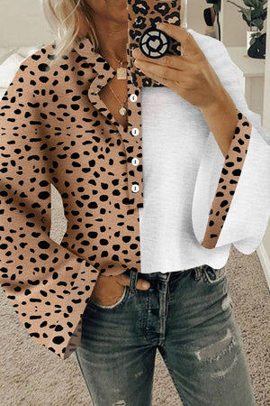 Leopard Contrast Half Button Blouse