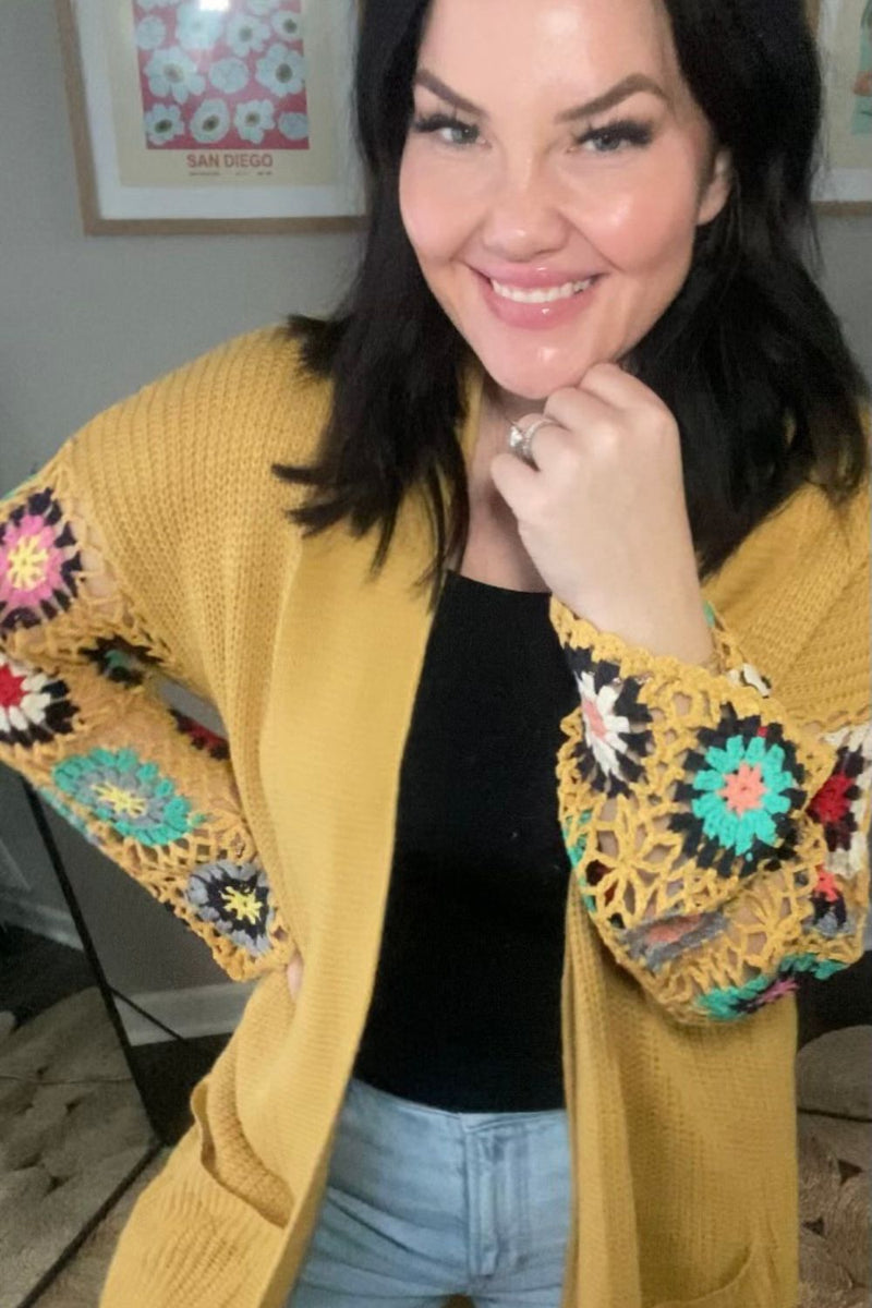 Mustard Crochet Sleeve Cardigan