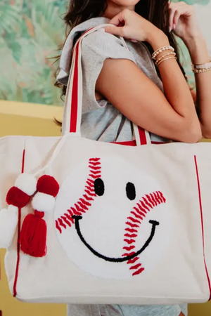 Baseball Oversized Happy Face Canvas Tote Bag | PREORDER