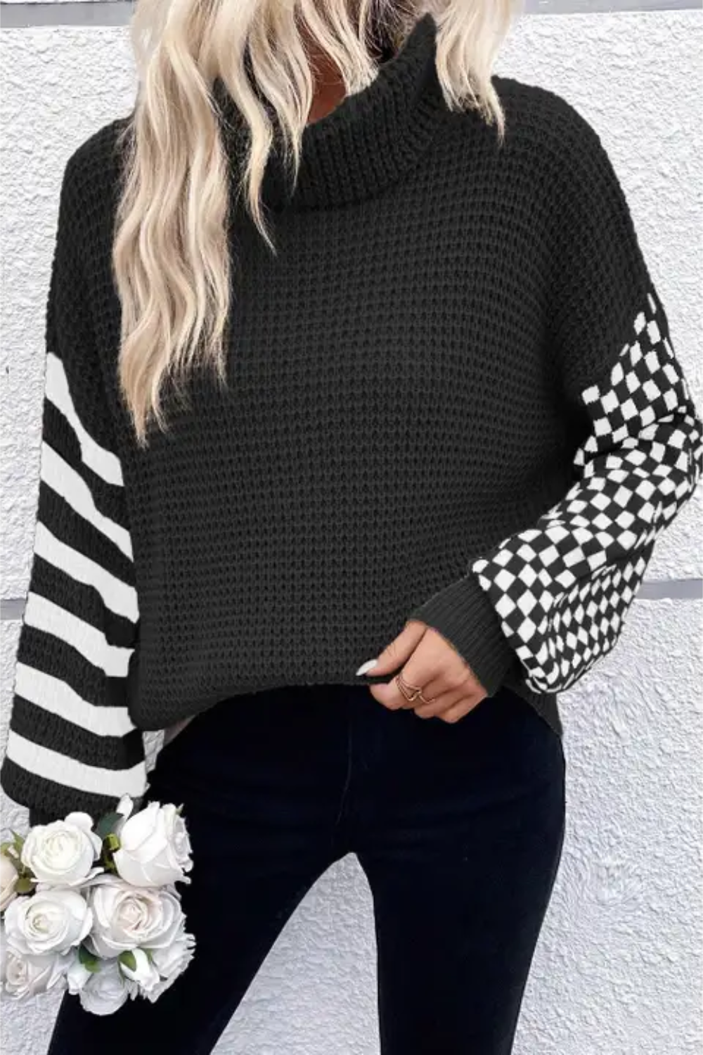 Checkered Charm Waffle Sweater