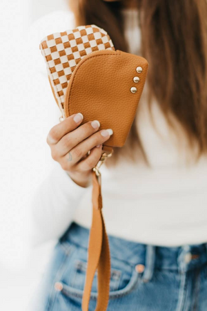 Wonderlust Woven Dual Pouch Wristlet | Brown Checkered