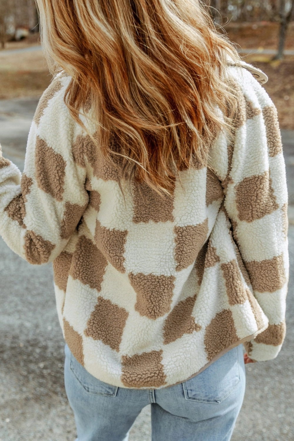 Checker Sherpa Snap Button Jacket | Brown