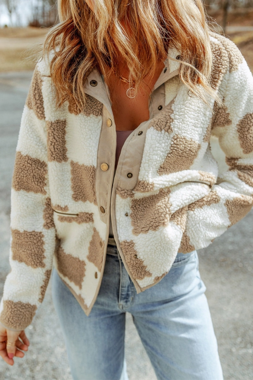 Checker Sherpa Snap Button Jacket | Brown