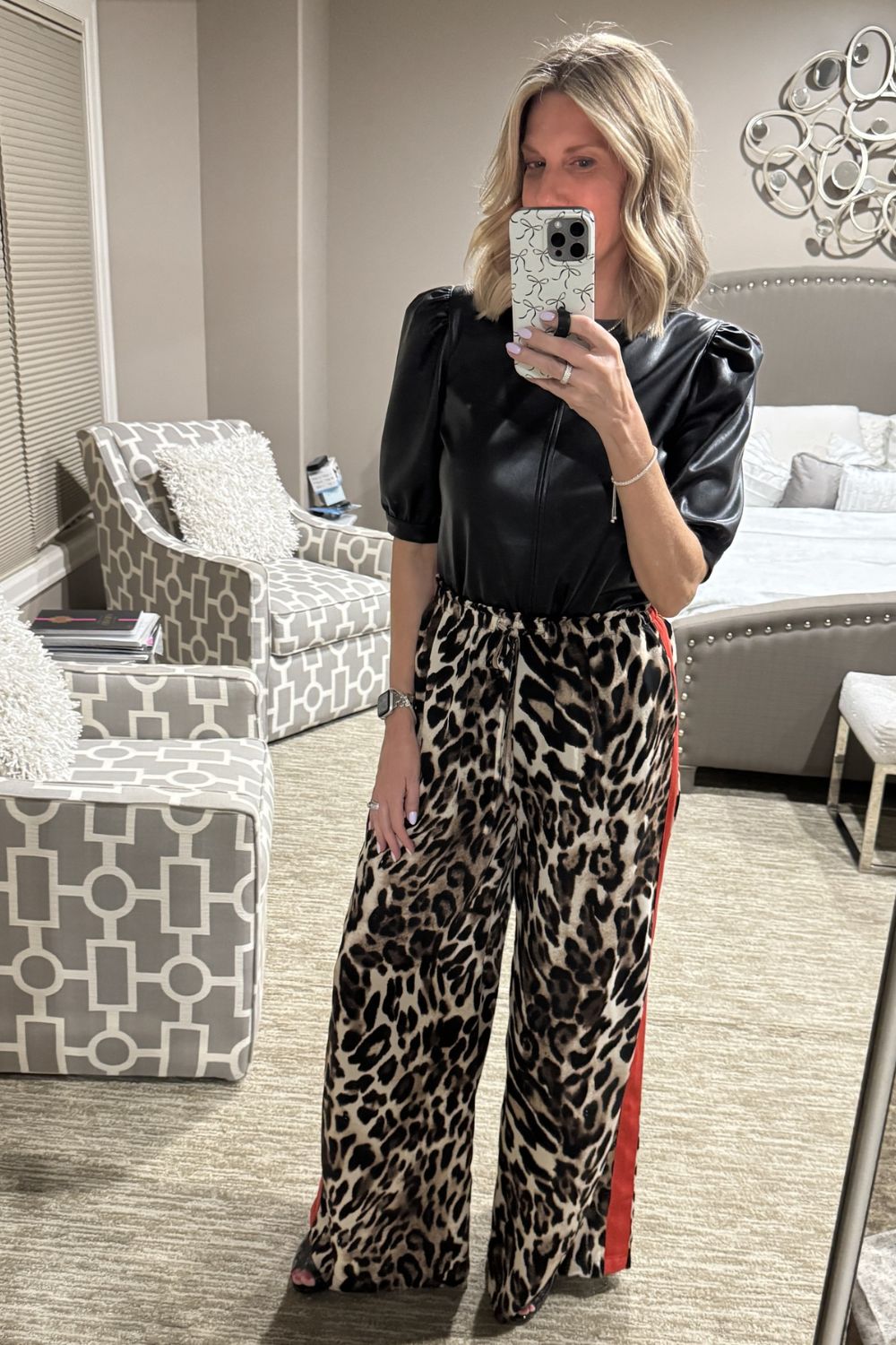 Leopard Wide Leg Pants with Red Stripe