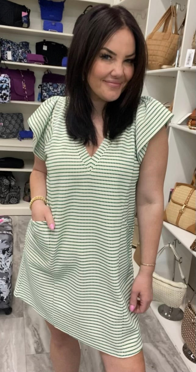 Green & Ivory Ruffled Sleeve Mini Dress