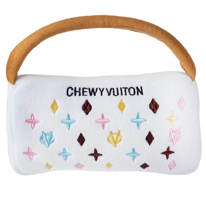 White Chewy Vuiton Handbag Dog Toy