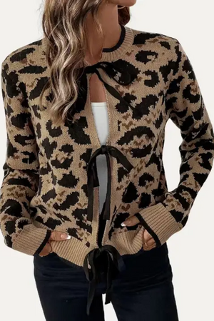 Leopard Tie Front Knit Cardigan