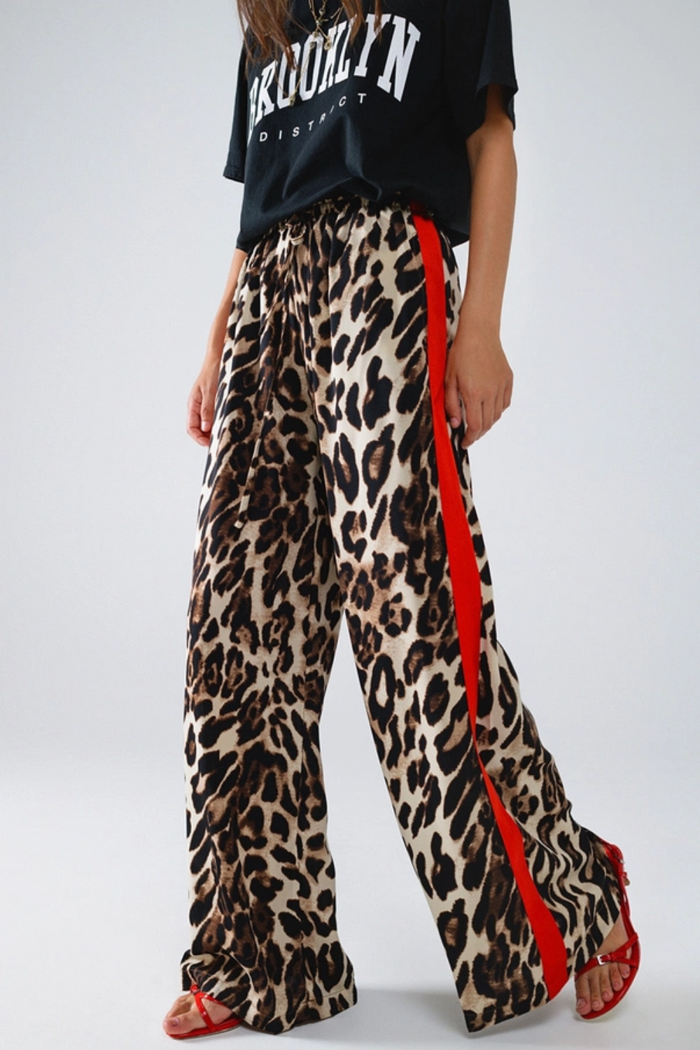 PREORDER | Leopard Wide Leg Pants with Red Stripe – Material PREORDER | Leopard Wide Leg Pants with Red Stripe – Material