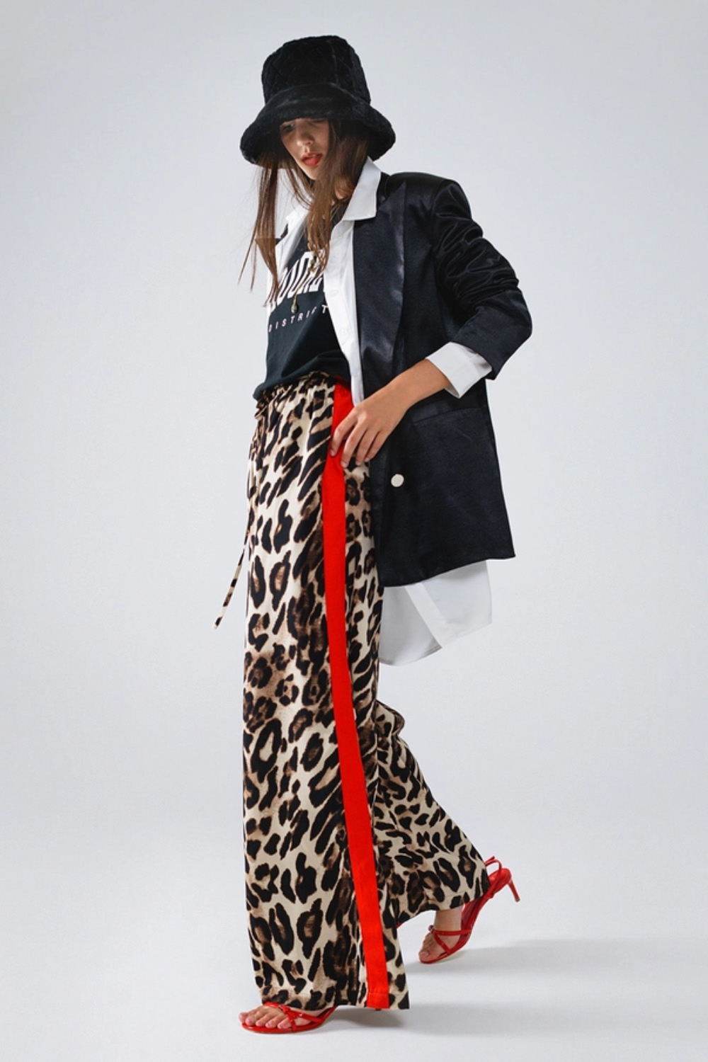 Leopard Wide Leg Pants with Red Stripe