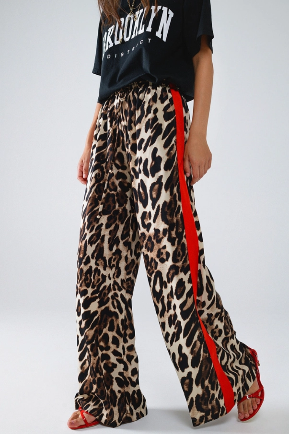 Leopard Wide Leg Pants with Red Stripe