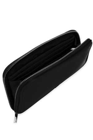 Black zippered wallet on a white background