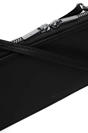 Close-up of a black leather wallet with a zipper on a white background