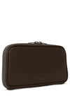 Brown wallet crossbody with zipper on a white background