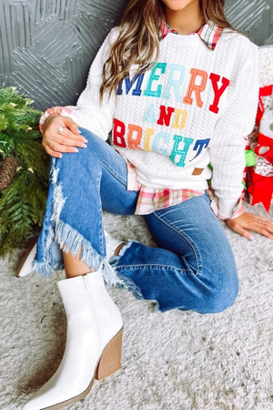 'Merry & Bright' Embroidered Cable Knit Sweatshirt