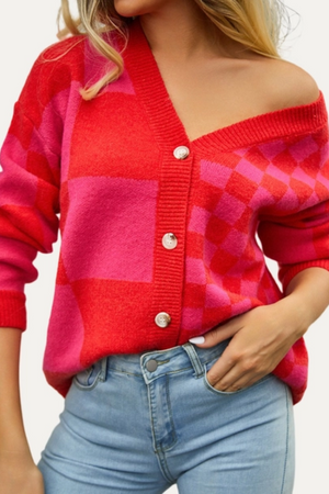 Red & Pink Checkmate Cardigan