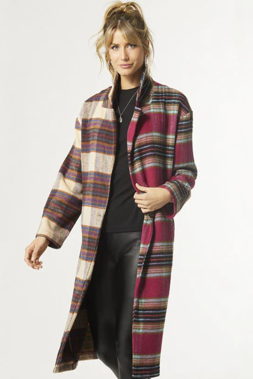 Coco + Carmen Hope Oversized Two-Tone Plaid Trench Coat