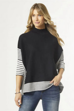 Lynda Mock Neck Sweater with Stripes - Black/White