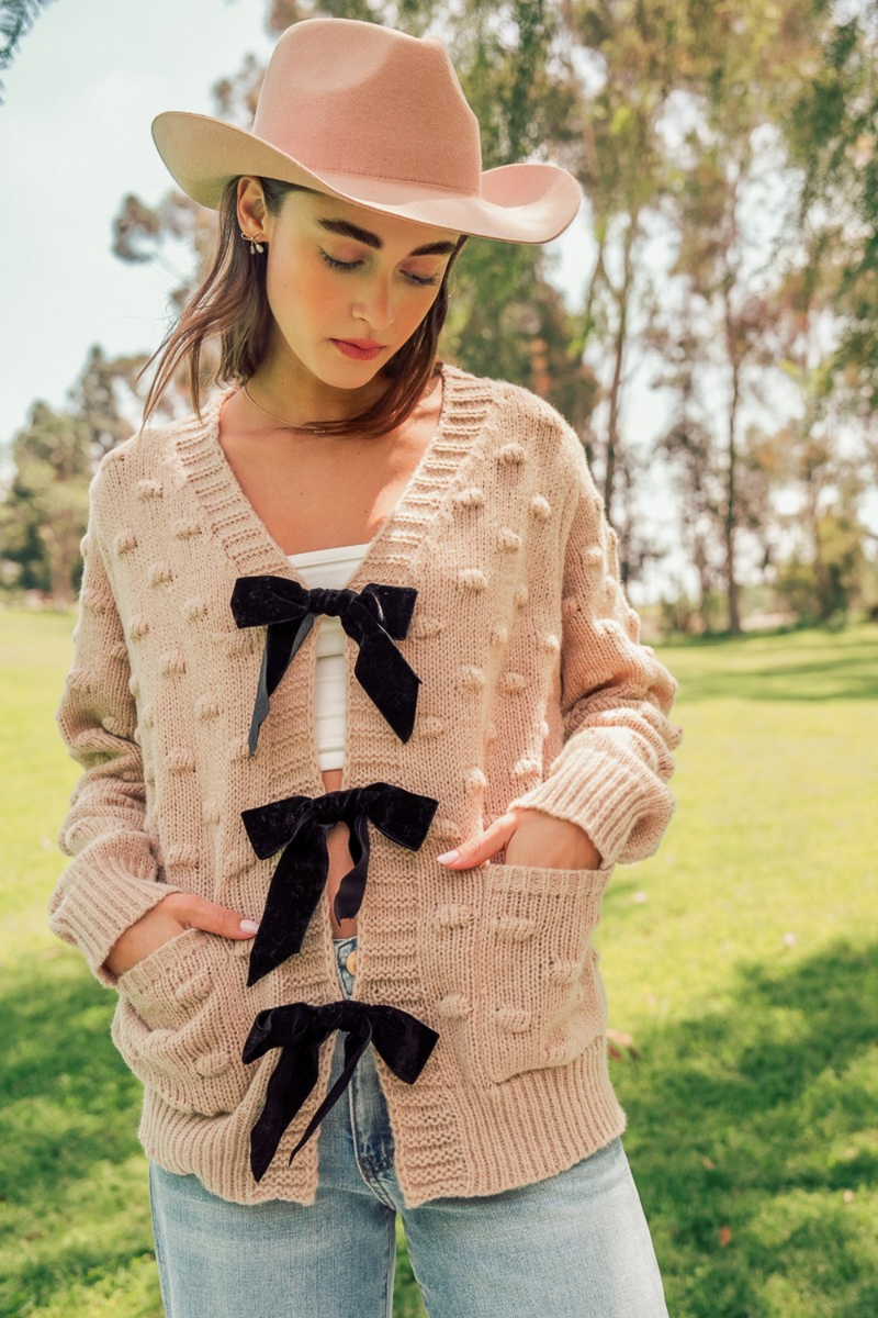 Taupe Velvet Bow Tie Cardi