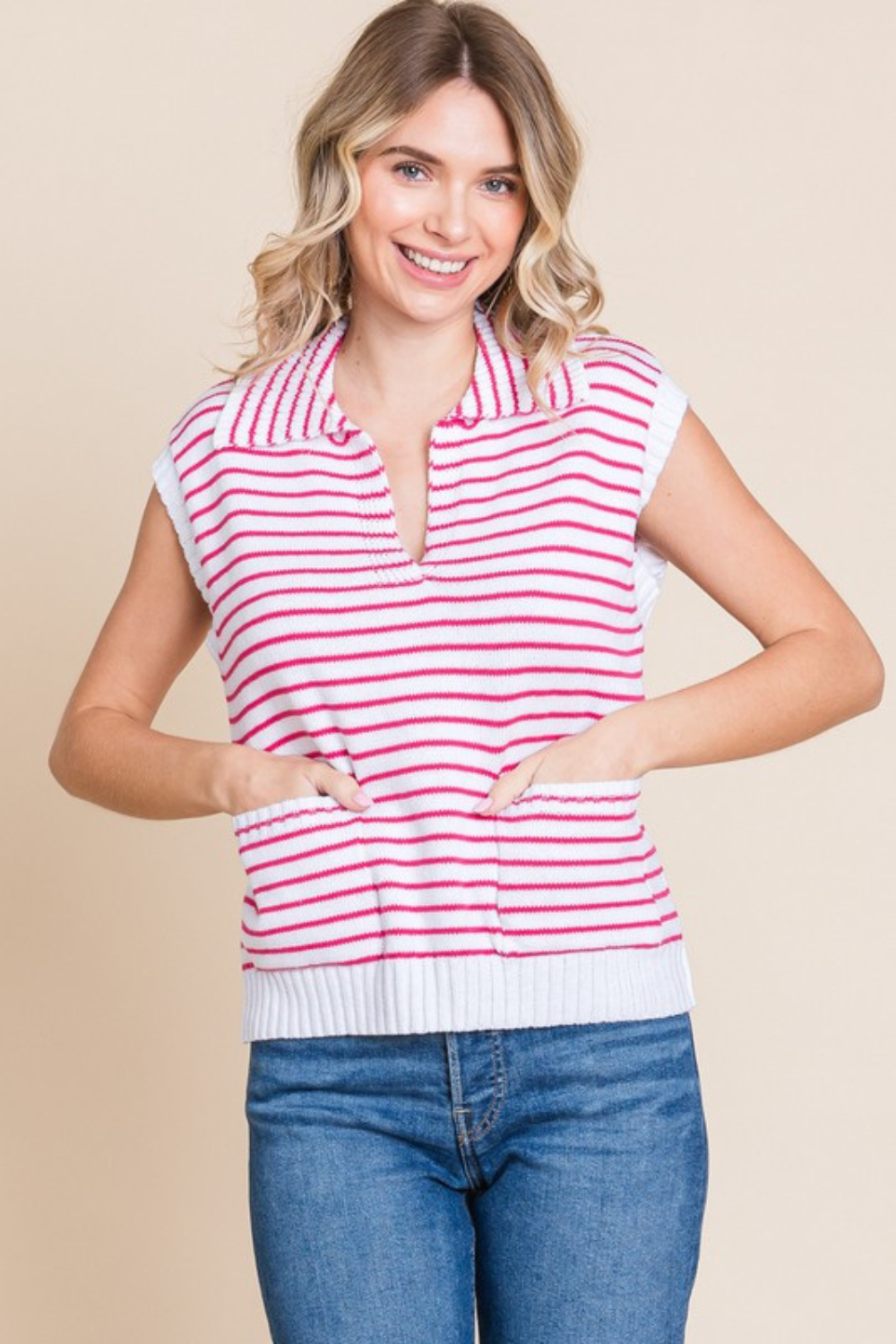 Pink Striped Knit Top with Pockets