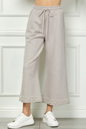 Oatmeal Pearl Detail Texture Cropped Pants