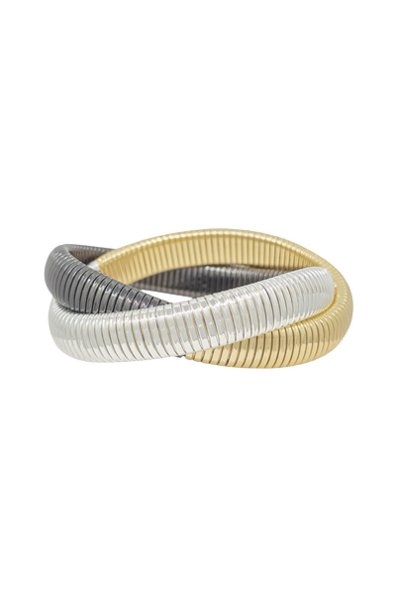 Gold, Silver, and Black 2 Strand Ribbed Twisted Bracelet