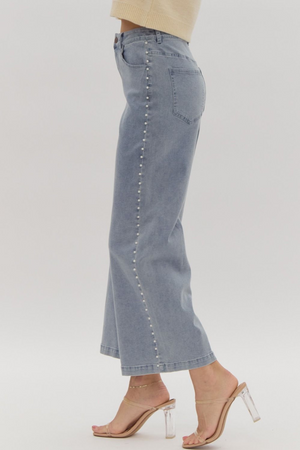 Denim Wide Leg Jeans with Pearl Detail