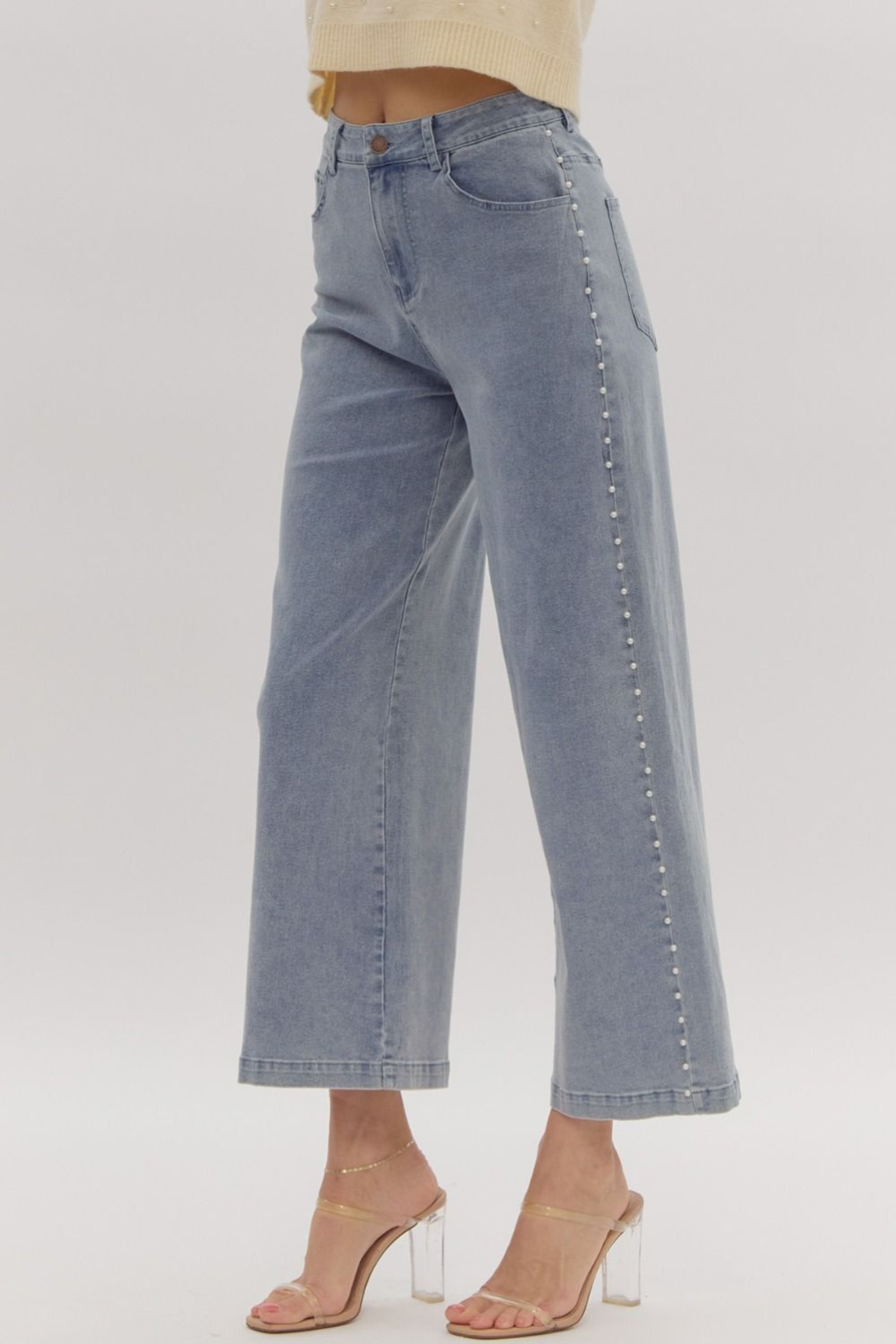 Denim Wide Leg Jeans with Pearl Detail