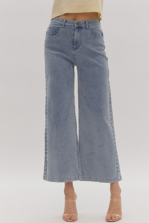 Denim Wide Leg Jeans with Pearl Detail