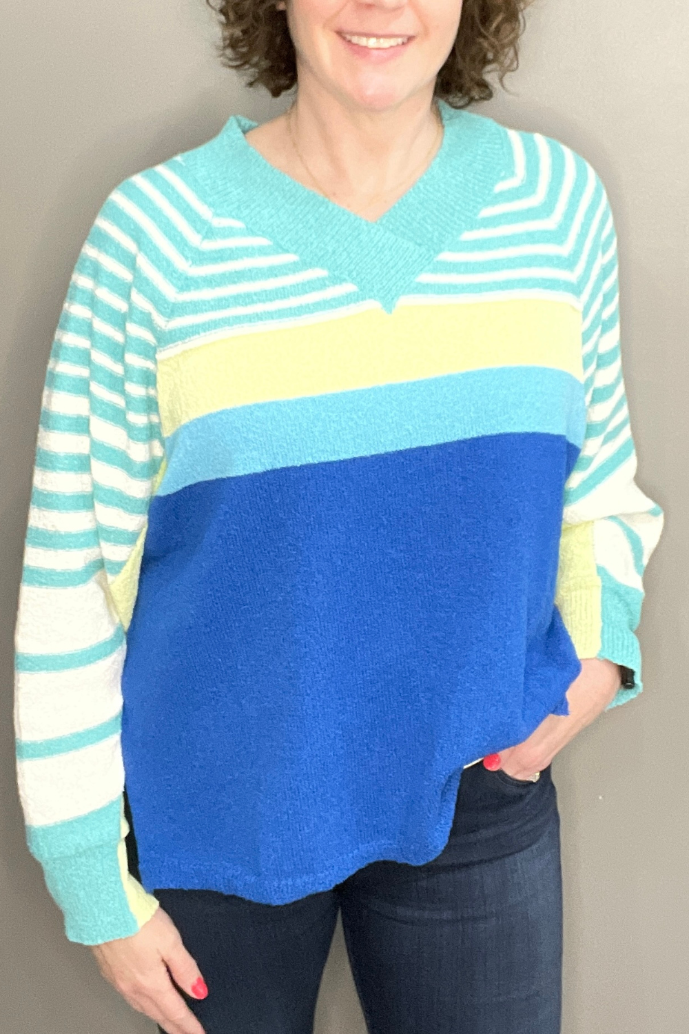 Kiwi Blue Striped V-Neck Sweater