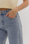 Denim Wide Leg Jeans with Pearl Detail