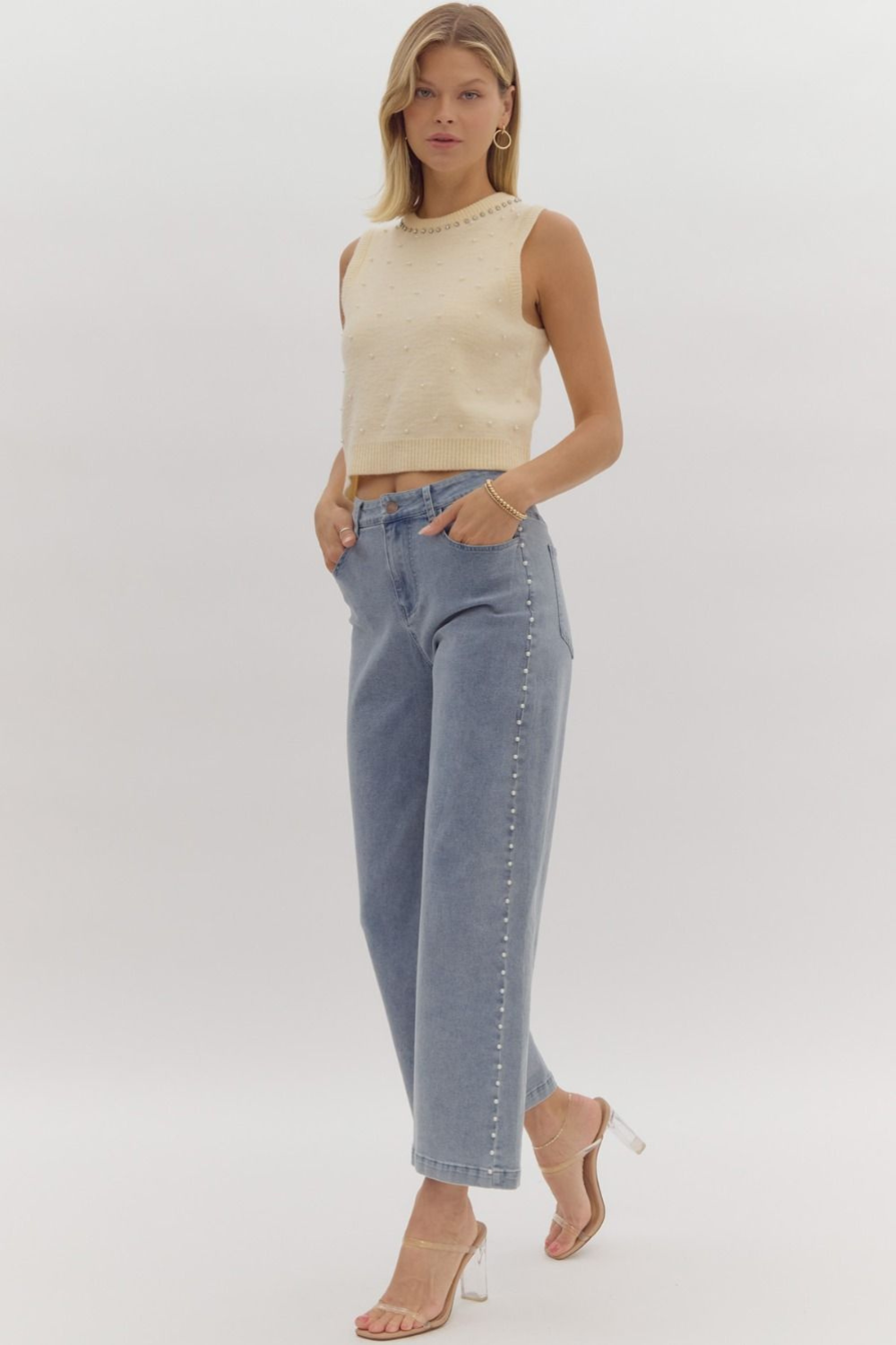 Denim Wide Leg Jeans with Pearl Detail