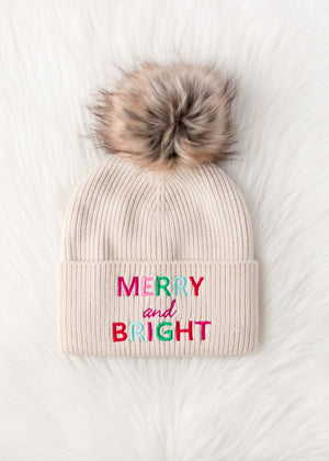 Beige Merry & Bright Knit Pom Hat