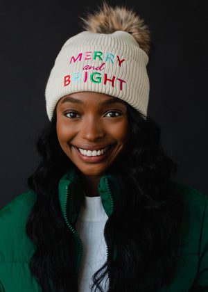 Beige Merry & Bright Knit Pom Hat