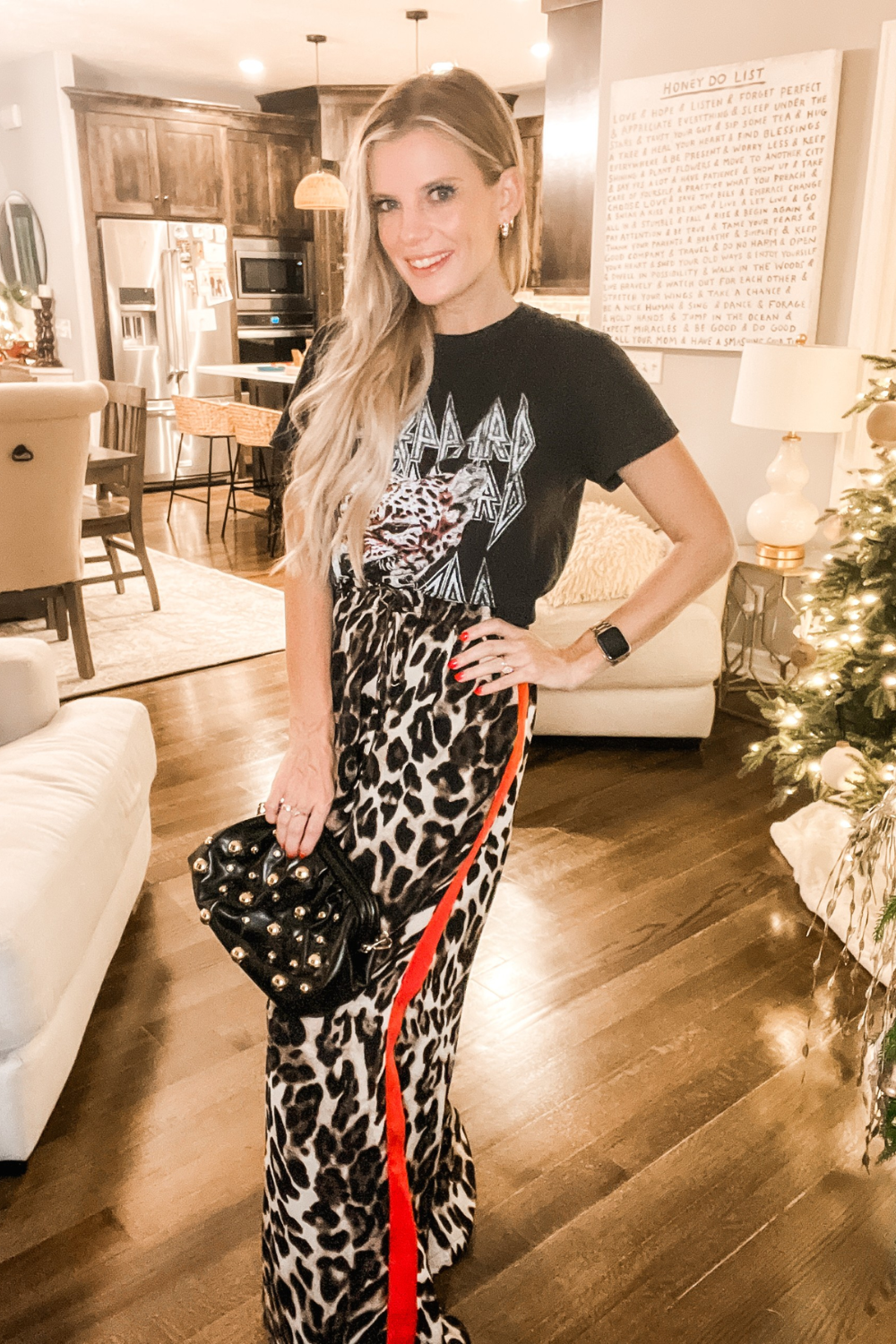 Leopard Wide Leg Pants with Red Stripe