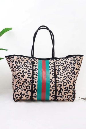 Leopard with Green and Red Stripe Neoprene Tote