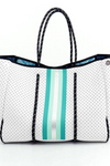 White with Mint & Silver Stripe Neoprene Tote