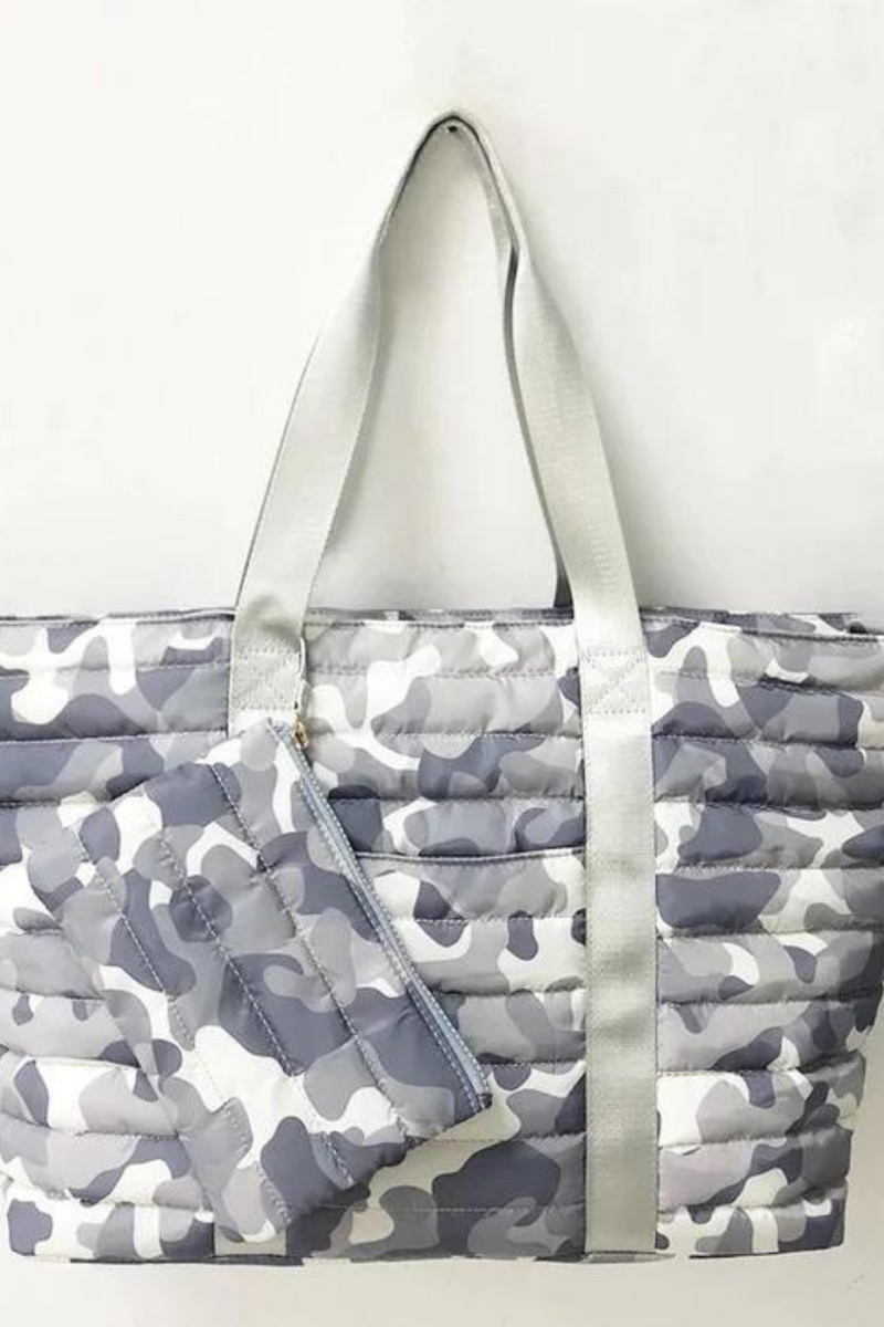 Grey Camo Puffer Tote Bag