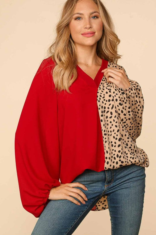 Red and Leopard V Neck Top