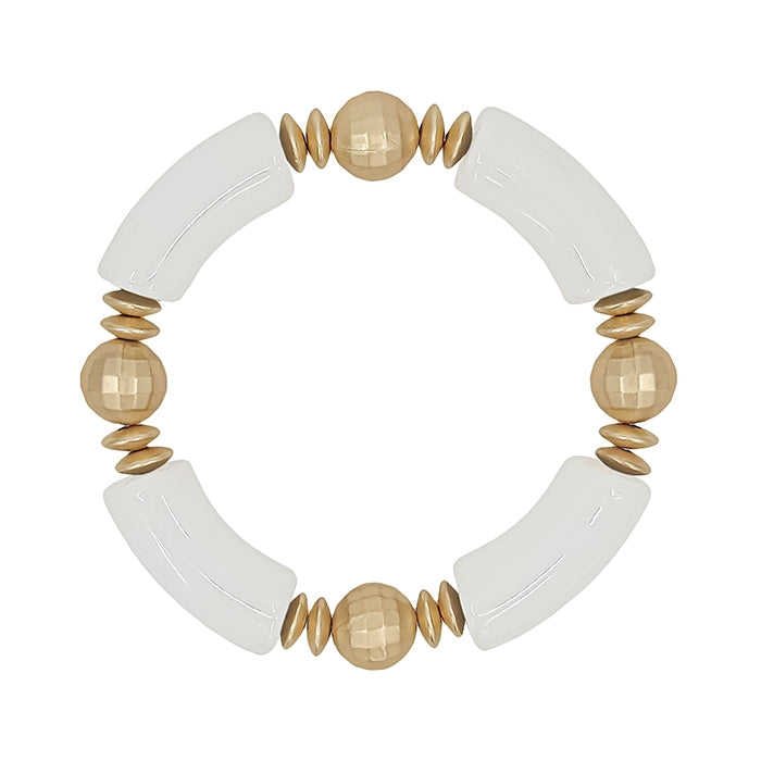 Natural Acrylic Bamboo and Gold Beaded Stretch Bracelet