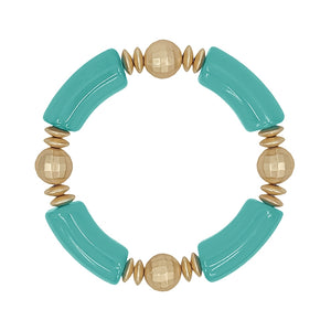 Teal Acrylic Bamboo and Gold Beaded Stretch Bracelet