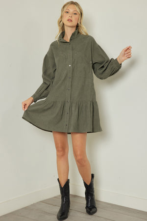 Olive Snap Front Corduroy Dress