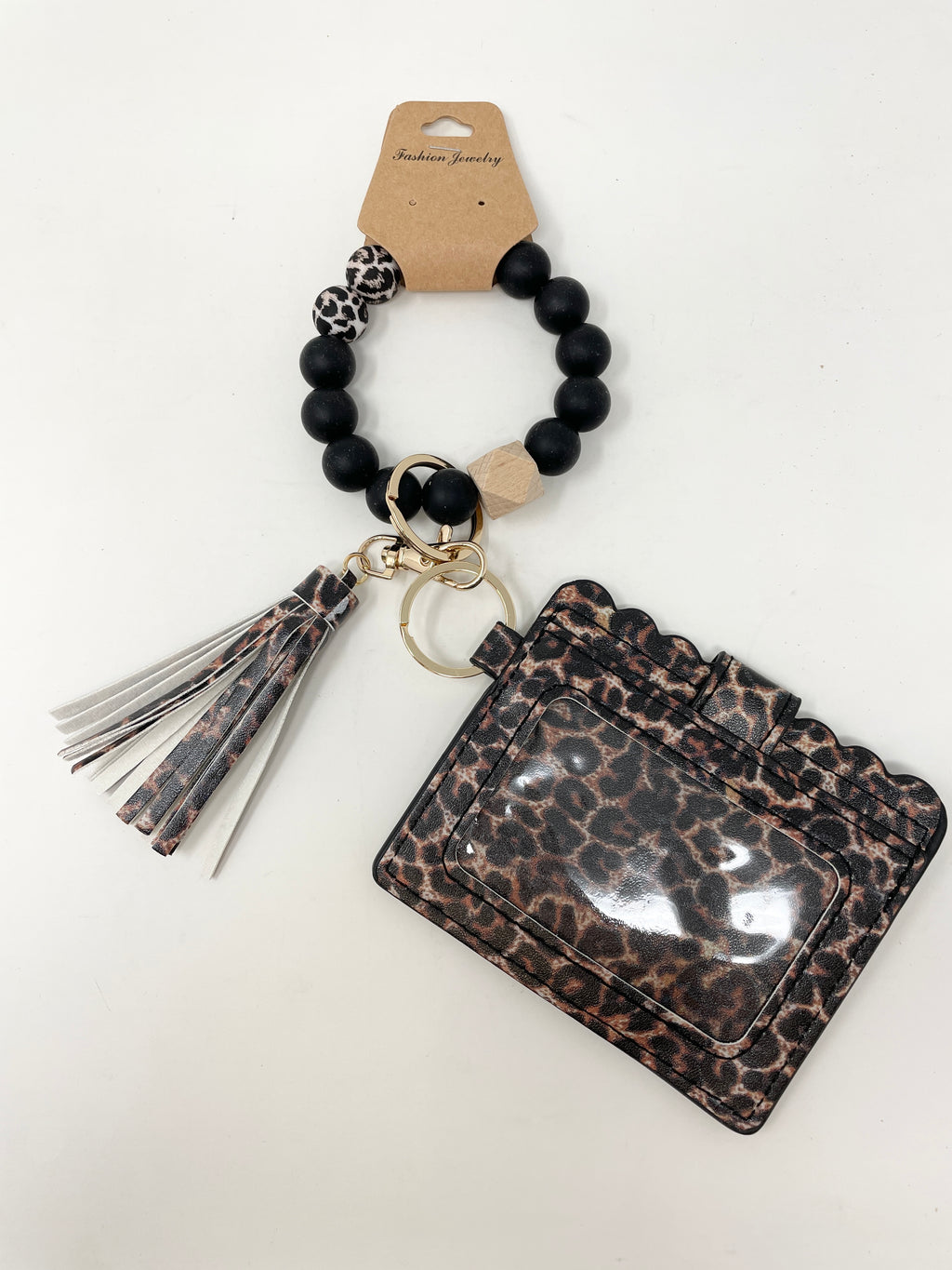 Black and Leopard Beaded Keychain Card Holder