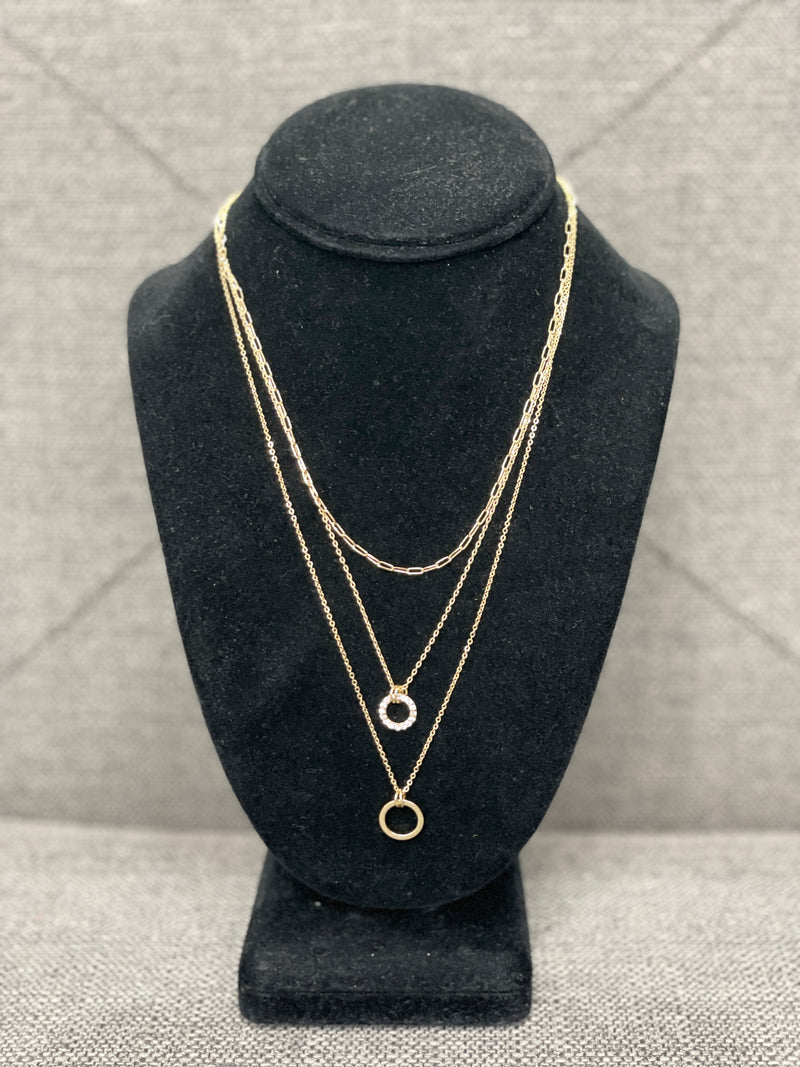 Gold 3 Layer Link Chain with CZ Pendant Necklace