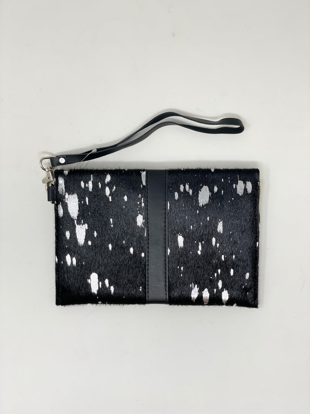 Black and Silver Genuine Leather Flap Front Wristlet