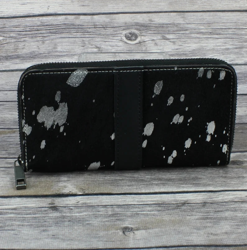 Black and Silver Zip Around Wallet Genuine Leather
