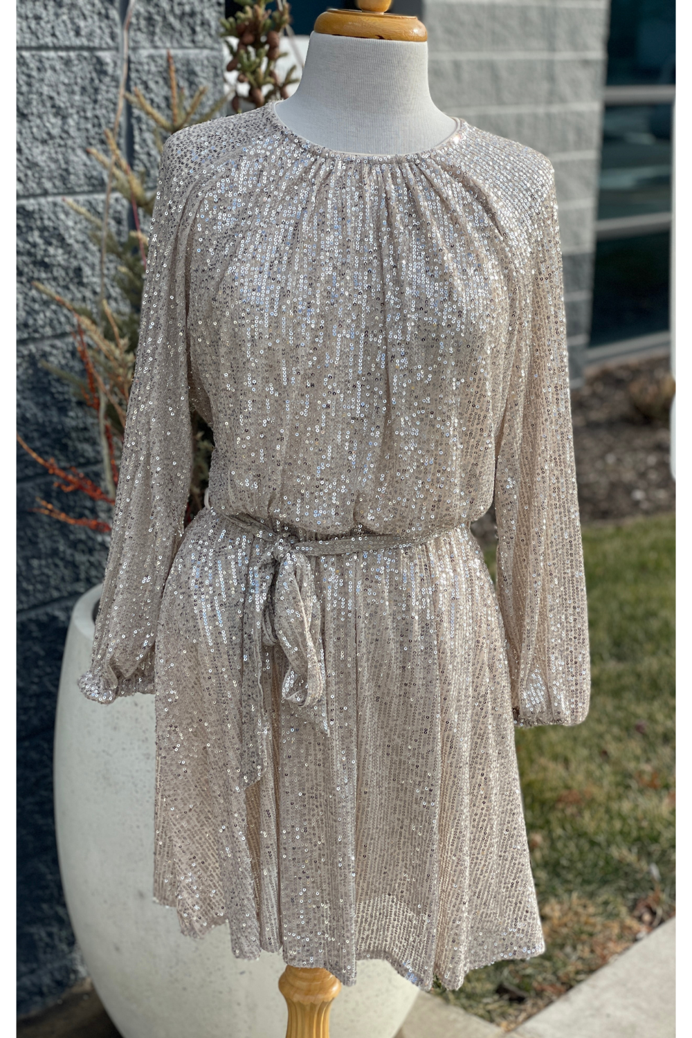 Sequin Flare Dress with Waist Sash